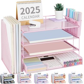 OPNICE Desk Organizer, 4-Tier Desktop File Organizer with Drawer and 2 Pen Holders, Office Desk Accessories, File Sorters, Workspace Organizers for Office Supplies(Pink)
