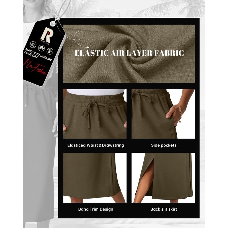 PrinStory Ladies Summer Skirts with Pockets Elasticated Waist Back Split