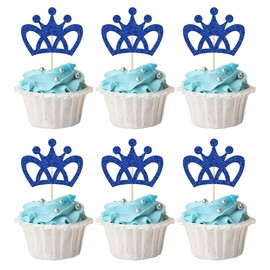 24 piezas de adornos de corona para magdalenas con purpurina azul para decoración de pasteles de rey príncipe, baby shower, niños, boda, fiesta de cumpleaños