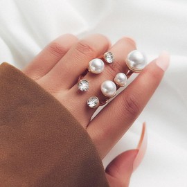 HUASAI Stocking Stuffers Holiday Outfits for Women 2024 Pearl Ring for Women White Pearl Rings Dainty Open Rings Silver Gold Adjustable Ring Jewelry Gift for Lady (A)