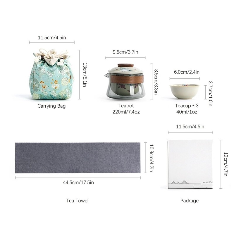 Floral-Themed Portable Tea Set, 1 Ceramic Teapot and 3 Mini