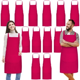 Jeffbaubl 12 Pack Bib Apron,Rose Red Aprons Bulk,Unisex Plain Aprons with 2 Pockets,Blank Apron with Long Ties for Adults Cooking Painting BBQ Grilling Baking Machine Washable,32 x 28 Inch(Rose red)