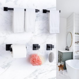 Taucent Bathroom Hardware Accessories Set Matte Black,5-Piece Black Towel Bar Set 16" Wall Mounted Towel Holder Stainless Steel-Includes Towel Bar,Robe Towel Hooks,Toilet Paper