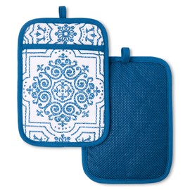 MARTHA STEWART Strie Medallion Pot Holder 2-Pack Set, Heat Resistant, Non-Slip Silicone Grip, Navy Blue, 7"x10"