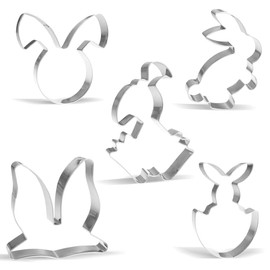 Easter Bunny Cookie Cutters - Pack of 5 - Rabbit, Rabbit Head, Egg Filled with Rabbit, Sitting Rabbit, Rabbit Ears - Stainless Steel