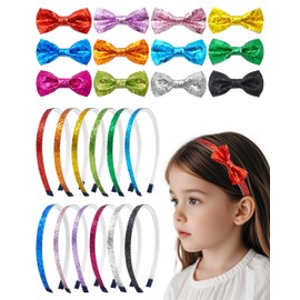 PET SHOW 24 Pack Thin Glitter Headbands for Women with Teeth Sequins Interchangeable Charms Removable Bows Slip on Head Bands Non-slip Elastic DIY Sparkle HairBands Accessories Birthday Party Gift