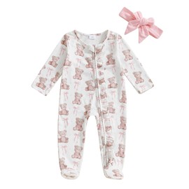 Lenjindjer Newborn Baby Girl Easter Outfit Long Sleeve Bow Bunny Print Footies Zipper Jumpsuit Headband 2pcs Spring Clothes (Pink, 0-3 Months)
