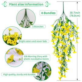 4 Pack Artificial Fake Hanging Flowers Plants for Spring Outdoor Outside Decoration Faux Silk Flower UV Resistant Morning Glory Petunia for Garden Porch Patio Balcony Yard Decor (Yellow,No Basket)