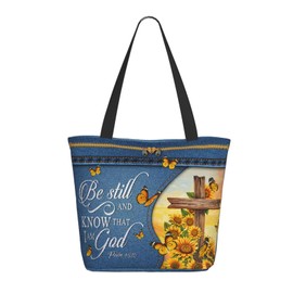 Sunflower And Butterfly Print Tote Bag，Christian Gift Bible Tote Bag Women'S Handbag，Christian Gifts Reusable Shopping Tote Bag，Zippered Inspirational Tote Bags For Women，Bible Verse Shoulder Bag
