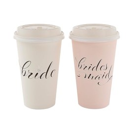 Fun Express Bride & Bridesmaid Small Disposable Paper Coffee Cups with Lids & Sleeves 16 oz - 12 Ct