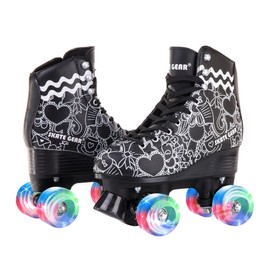 Skate Gear Extra Support Quad Roller Skates for Kids and Adults (Graphic Black w LED, Women's 6 / Youth 5 / Men's 5)