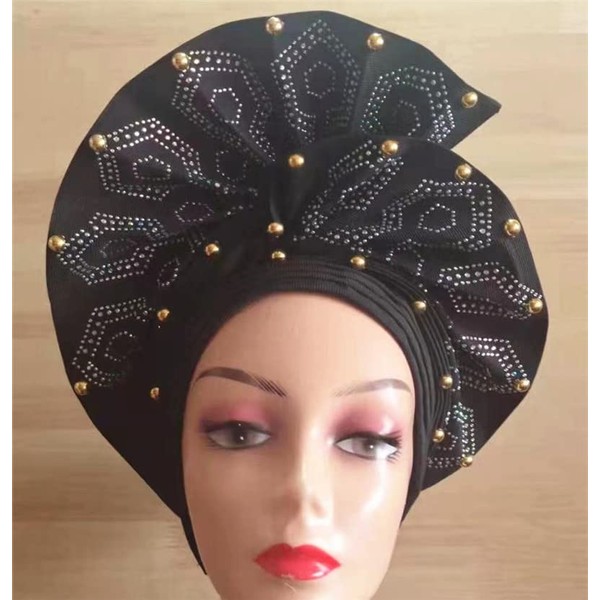 Luxury Nigerian Headtie Already Made African Headtie Women Headbands Head Wrap Headties Femme Headscarf Headgear Sewing Fabric For Party (Black)