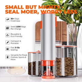 Compact Handheld Vacuum Sealer for Food with Powerful Suction, 4 Mason Jar Silicone Lids, Aluminum Body, One-Touch Operation, 10 Sous Vide Bags, Kitchen Essentials for Meat, Wine, Sports Balls