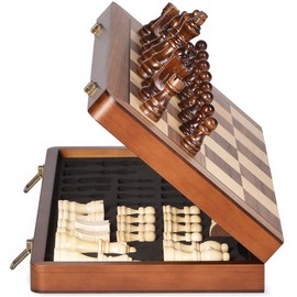 ELONGDI 15" Wooden Chess Set with Magnetic Pieces - Extra Queens - Folding Chessboard Portable Travel Tournament Chess Board Games for Adults Kids