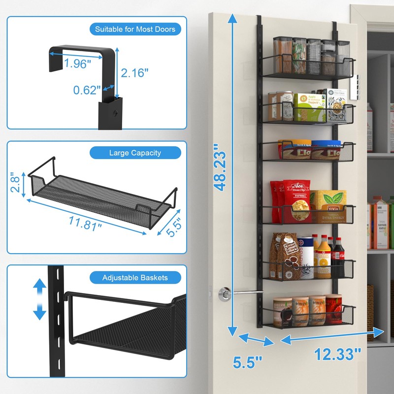 VyGrow 12.3" W Narrow Over the Door Pantry Organizer, 6-Tier
