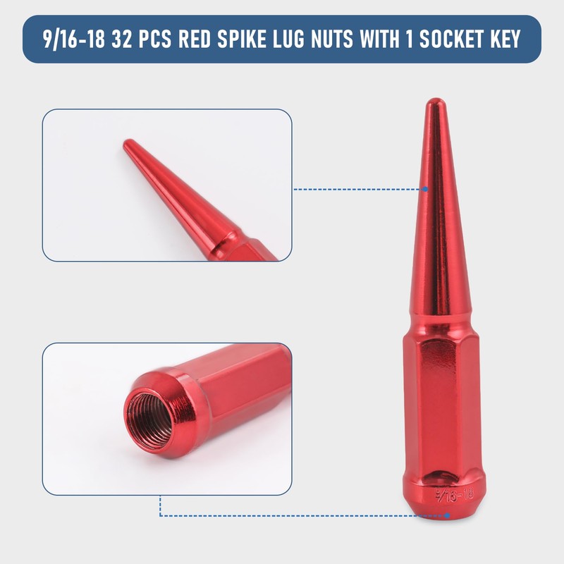 JDMSPEED New Red 32 Pc Set Spike Lug Nuts 9/16"