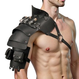 Single Shoulder Armor Vials Coin Pouch Retro Medieval Knight Shoulder Armors Pauldron Renaissance Cosplay Viking Costume (Black)