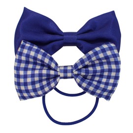 Topkids Accessories 2pc Bow Hair Elastic Hairbands, Gingham and Plain School Uniform Colours, 8.5 cm / 3.4" Hair Bows for Girls, Ladies (Royal Blue)