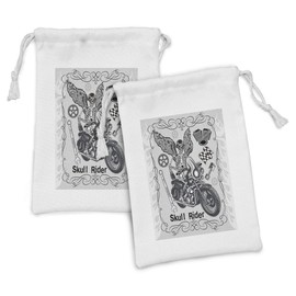 Lunarable Motorcycle Fabric Pouch Set of 2, Evil Hipster Dead Skull Skeleton Motorbike Rider Wings Drive to Hell Humor Image, Small Drawstring Bag for Toiletries Masks and Favors, 9" x 6", Grey Black