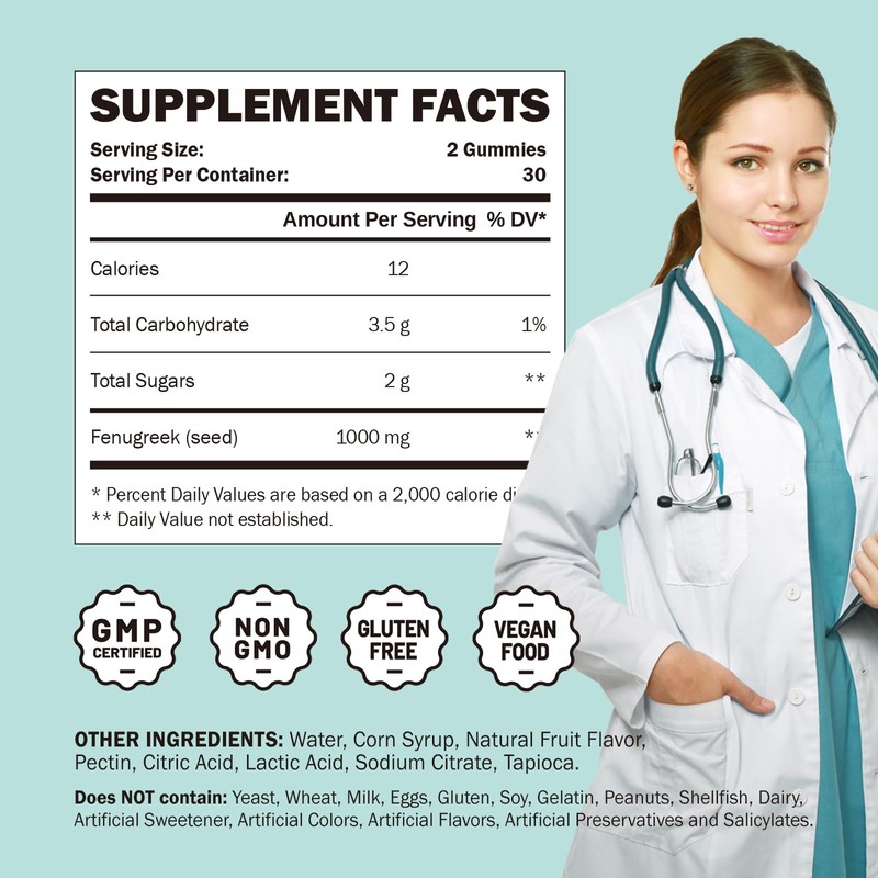 GREABBY Fenugreek Gummies 1000mg, Pure Organic Fenugreek Seeds Supplement for