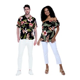 Matchable Couple Hawaiian Luau Off-Shoulder Ruffle Muumuu Top in Black Rafelsia, Women, M