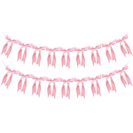 2pcs Bow Garland Banner Ribbon Bow Party Decorations for Baby Shower Decor Tying The Knot Girls Bow Coquette Birthday Party Decoration (Pink)