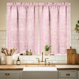 Floral Kitchen Curtains 24 Inch Length Pink Window Curtain Over Sink Spring Small Short Tier for Bathroom Cafe Rod Pocket (2 Panels, 27.5" W x 24" L)