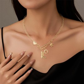 BONJOULRY Charm Necklace for Women Gold Cowboy Cowgirl Horseshoe Boot Heart Hexagram Pendant Dainty Western Charms Chunky Chain Choker Necklace Jewelry Gifts Boots