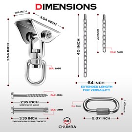 SK CHUMRA Premium Hammock Hanging Kit -1600lbs Capacity, 60" Chain & 360° Hooks, Permanent Color - Ideal for Ceilings, Chandeliers, Acrylic Bubble Chairs & Durable for Indoor/Outdoor Use (Silver)