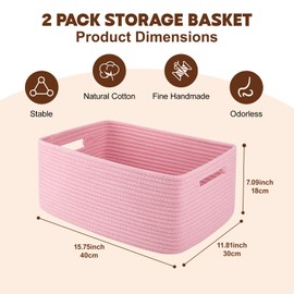 OIAHOMY 2-Packs Baskets for Organizing, Storage Basket for Shelves Clothes, Towels, Nursery, Toy Box, Woven Rope Basket for Living Room, Laundry, Bedroom, 15.75 * 11.81 * 7.09 IN, Pink