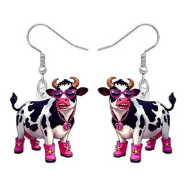 LONYOO Acrylic Anime Milk Cow Earrings Dangle Dairy Cattle with Bell Farm Animal Jewelry Cow Print Gifts for Women Cowgirl Farmers (Red)