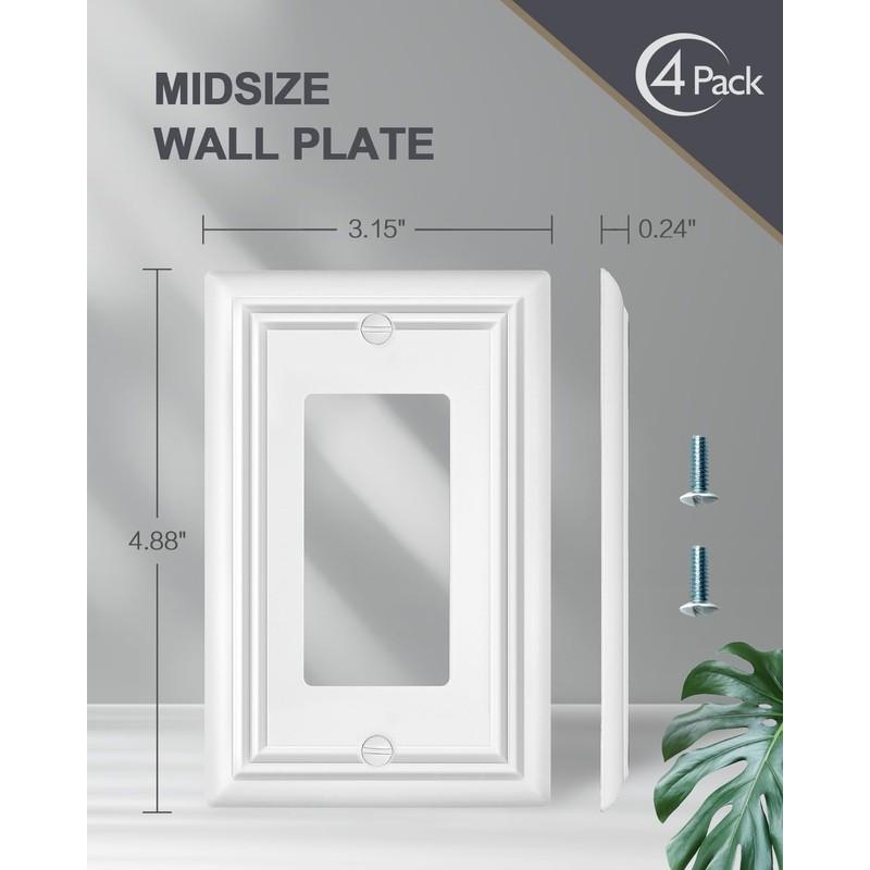 ZILLSEA Pure White Decorator Wall Plates, 4-Pack Switch Plates and
