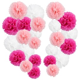 Pack of 24 Pink Pompoms, Wedding Decoration, School Decoration, Tissue Paper Pompoms, Communion Decoration for Birthday, Wedding, Valentine's Day (Light Pink, Pink, White)