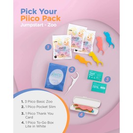 Piico Dental Floss Picks for Kids - Dual Line Unflavored Disposable Floss Picks for Kids in Fun and Colorful Designs with Slim Kids Floss and Portable Travel Case (120 Count Jumpstart Zoo + Freebies)