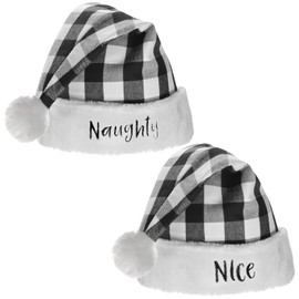 Naughty Nice Santa Hats with Soft Warm Liner Buffalo Plaid Christmas Hats Plush Brim Xmas Gifts for Adults Teens (Black White (2 pcs), Large)