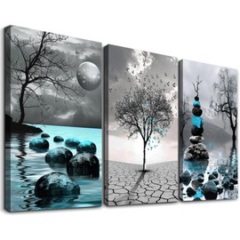 ANRUOXI Canvas Wall Art for Living Room, Zen Wall Decor for Bedroom Bathroom, Abstract Black Gray Cyan Blue Paintings, Modern 3 Piece Framed Canvas Art Prints, Inspirational Pictures Home Decoration