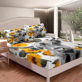 Highland Cow Bed Sheet Set Highland Cattle Bedding Set Sunflowers Print Fitted Sheet Yellow Flowers Flat Sheet for Kids Boys Girls Full