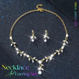 Unicra Gold Pearl Necklace Earrings Sets Rhinestone Bridal Wedding Jewelry Set Formal Prom Costume Jewelry Sets for Women and Brides (Gold)