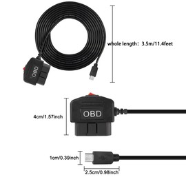 XMSJSIY OBD/OBD2 to Micro USB Power Cable for Dash Camera OBDII Power Cable Adapter Charging Wire 12V-40V to 5V/3A Surveillance/ACC Mode with Switch Button-3.5M/11.5FT