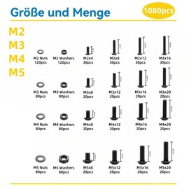 WZHUIDA 1080 Pieces M2 M3 M4 M5 Screws Set, Black Metric Rounded Head Screws Hexagon Socket Screws Nuts and Washers Assortment Set, Thread Machines Hex Screws