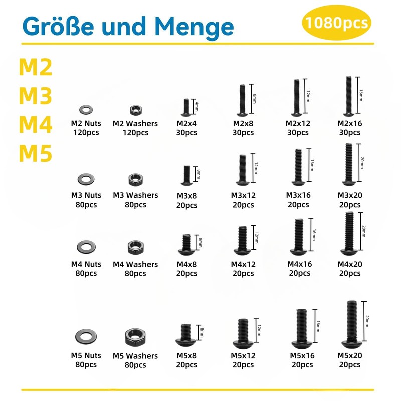 WZHUIDA 1080 Pieces M2 M3 M4 M5 Screws Set, Black