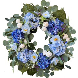 WANNA-CUL 24 Inch Spring Hydrangea Wreaths for Front Door,Valentines Day Wreath with Blue White Rose and Peony Flower for Wedding or Mothers Day Wreath Decor
