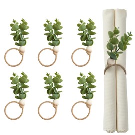 Napkin Rings Set of 6, Rustic Farmhouse Napkin Rings Boho Green Leaf Napkin Rings Eucalyptus Wood Bead Napkin Rings Holder for Fall Spring Thanksgiving Christmas Easter Weddings Table Decor