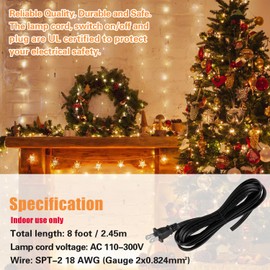 Asjeumt 8 FT Lamp Cord with Plug, Replacement Lamp Wire with Plug, Black SPT-2 Lamp Cord Wire Set 2 Polarized Molded Plug 18 AWG Power Cord, 8 Feet DIY Rewiring Repair Wiring Electrical Light Cords