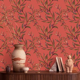 VEELIKE Vermilion Orange Leaf Peel and Stick Wallpaper Vintage Leaf Wallpaper for Bedroom Bathroom Nursery Removable Wallpaper 17.7''x354'' Boho Botanical Wallpaper Contact Paper for Cabinets Shelves