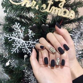 LINMOIJN Square Short Press on Nails, 24pcs Matte Black Water Ripples Design False Nails