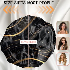 BHAHB Luxury Shower Cap Reusable Terry Cloth Lined EVA Triple Waterproof Layer Elastic Hair Bath Caps for Women Girls Cute-Black Marble