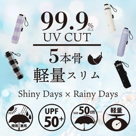 HAU 10002944 Parasol, PU Coating, 19.7 inches (50 cm), Plaid Pattern, Lightweight, 5 Ribs, Black, Black