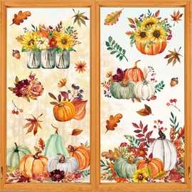 JarThenaAMCS Fall Thanksgiving Window Clings Watercolor Pumpkin Floral Leaves Window Stickers Autumn Double-Side Glass Decals for Home Party Decor, 7.8 x 11.8 Inch, 9 Sheet
