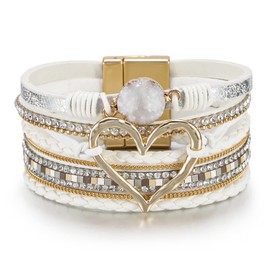 YGLINE Leather Wrap Bracelets for Women, Boho Multi-Layer Stone Beads Cuff Bracelet Jewelry (heart-white)